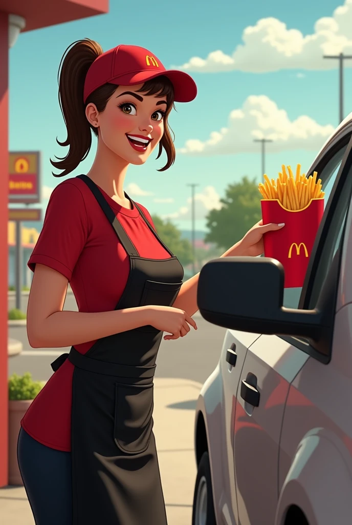 Viewpoint: From the driver of a car waiting at the drive-thru.
Context: A sunny day at the McDonald's drive-thru.
Character: A white woman in her 50s, with bobbed brown hair. She has an hourglass figure, with generous breasts and wide hips, accentuated by implants. She is professionally dressed in McDonald's iconic uniform, with a red t-shirt and black apron. Her hair is tied back in a ponytail under a McDonald's cap.
Action: As your car pulls up to the drive-thru, she approaches the window with a big smile. She holds out a bag full of orders, her gestures full of enthusiasm. The tantalizing smell of crispy fries and burgers wafts through the air, creating a lively atmosphere.
Expression: Her face radiates joy and energy. She smiles warmly at you and says enthusiastically, “Here's your order, bon appétit!”