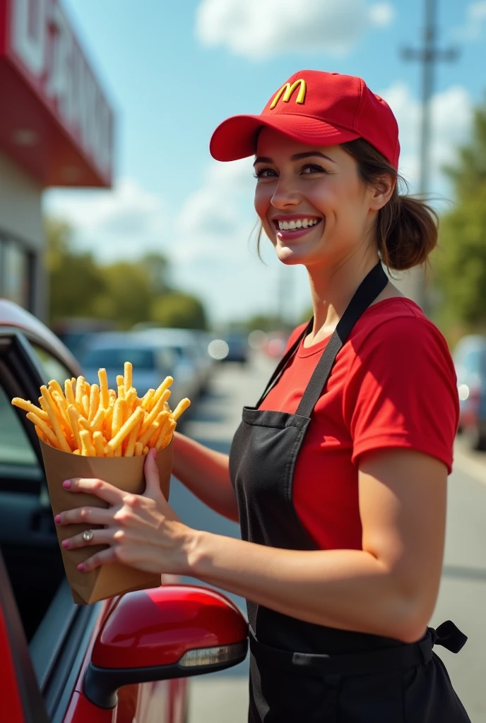 Viewpoint: From the driver of a car waiting at the drive-thru.
Context: A sunny day at the McDonald's drive-thru.
Character: A white woman in her 50s, with bobbed brown hair. She has an hourglass figure, with generous breasts and wide hips, accentuated by implants. She is professionally dressed in McDonald's iconic uniform, with a red t-shirt and black apron. Her hair is tied back in a ponytail under a McDonald's cap.
Action: As your car pulls up to the drive-thru, she approaches the window with a big smile. She holds out a bag full of orders, her gestures full of enthusiasm. The tantalizing smell of crispy fries and burgers wafts through the air, creating a lively atmosphere.
Expression: Her face radiates joy and energy. She smiles warmly at you and says enthusiastically, “Here's your order, bon appétit!”
