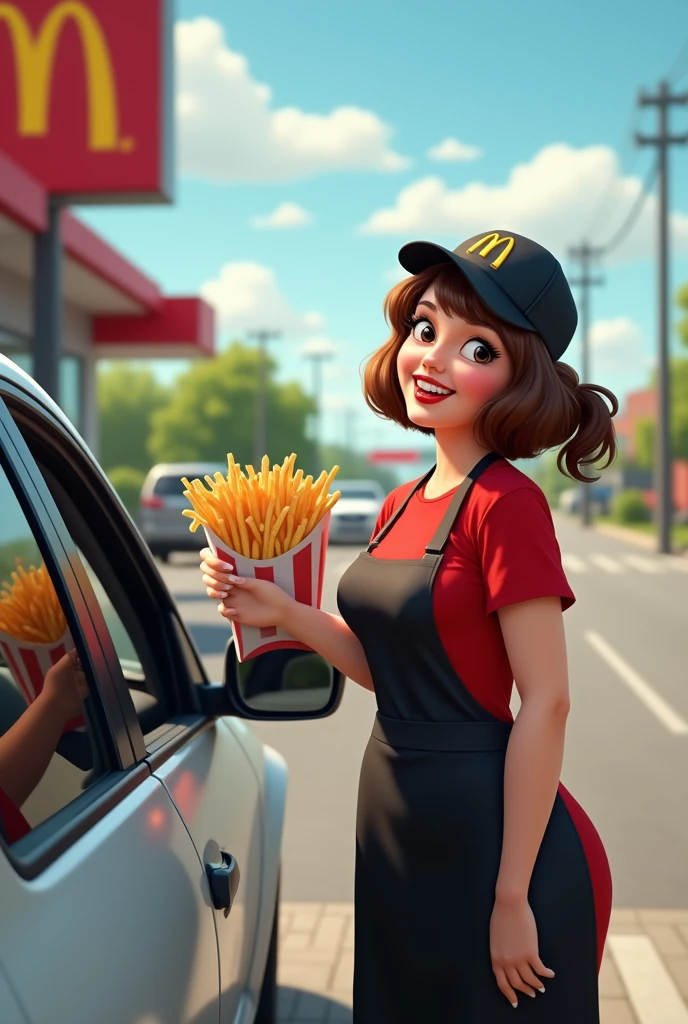 Viewpoint: From the driver of a car waiting at the drive-thru.
Context: A sunny day at the McDonald's drive-thru.
Character: A white woman in her 50s, with bobbed brown hair. She has an hourglass figure, with generous breasts and wide hips, accentuated by implants. She is professionally dressed in McDonald's iconic uniform, with a red t-shirt and black apron. Her hair is tied back in a ponytail under a McDonald's cap.
Action: As your car pulls up to the drive-thru, she approaches the window with a big smile. She holds out a bag full of orders, her gestures full of enthusiasm. The tantalizing smell of crispy fries and burgers wafts through the air, creating a lively atmosphere.
Expression: Her face radiates joy and energy. She smiles warmly at you and says enthusiastically, “Here's your order, bon appétit!”