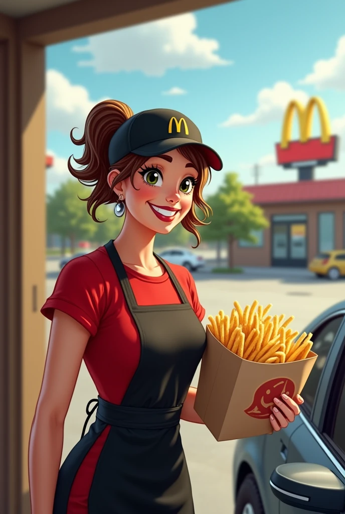 Viewpoint: From the driver of a car waiting at the drive-thru.
Context: A sunny day at the McDonald's drive-thru.
Character: A white woman in her 50s, with bobbed brown hair. She has an hourglass figure, with generous breasts and wide hips, accentuated by implants. She is professionally dressed in McDonald's iconic uniform, with a red t-shirt and black apron. Her hair is tied back in a ponytail under a McDonald's cap.
Action: As your car pulls up to the drive-thru, she approaches the window with a big smile. She holds out a bag full of orders, her gestures full of enthusiasm. The tantalizing smell of crispy fries and burgers wafts through the air, creating a lively atmosphere.
Expression: Her face radiates joy and energy. She smiles warmly at you and says enthusiastically, “Here's your order, bon appétit!”