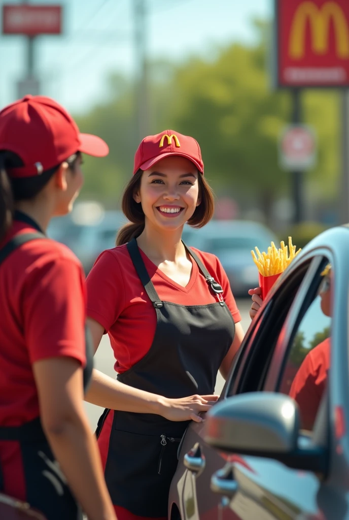 Viewpoint: From the driver of a car waiting at the drive-thru.
Context: A sunny day at the McDonald's drive-thru.
Character: A white woman in her 50s, with bobbed brown hair. She has an hourglass figure, with generous breasts and wide hips, accentuated by implants. She is professionally dressed in McDonald's iconic uniform, with a red t-shirt and black apron. Her hair is tied back in a ponytail under a McDonald's cap.
Action: As your car pulls up to the drive-thru, she approaches the window with a big smile. She holds out a bag full of orders, her gestures full of enthusiasm. The tantalizing smell of crispy fries and burgers wafts through the air, creating a lively atmosphere.
Expression: Her face radiates joy and energy. She smiles warmly at you and says enthusiastically, “Here's your order, bon appétit!”