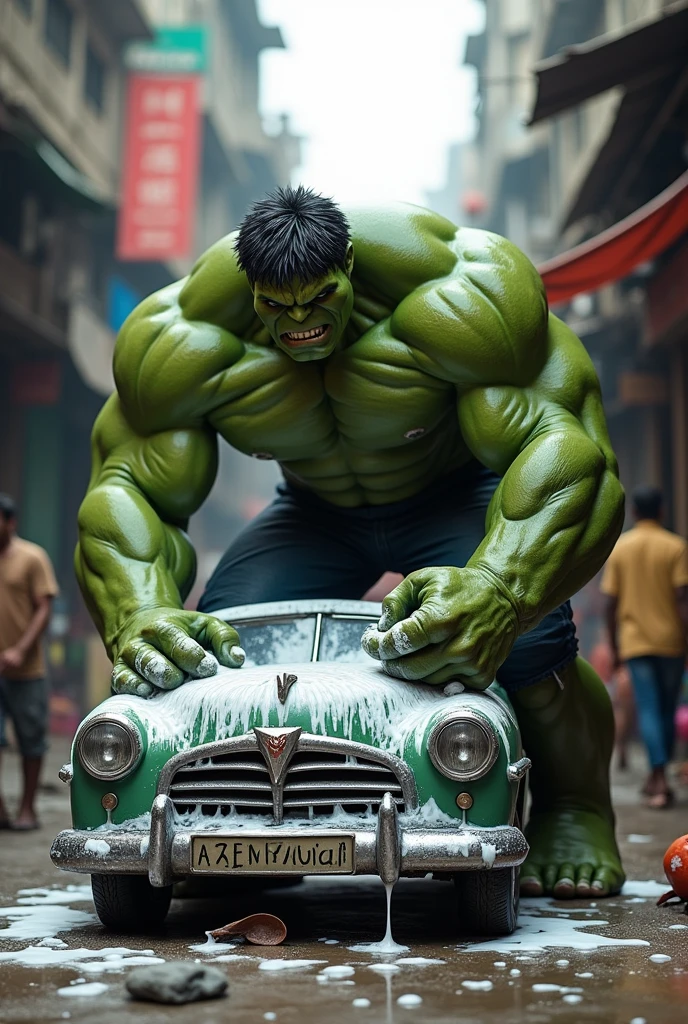 Hulk washing a old car with cloth and foam in a Indian slum street