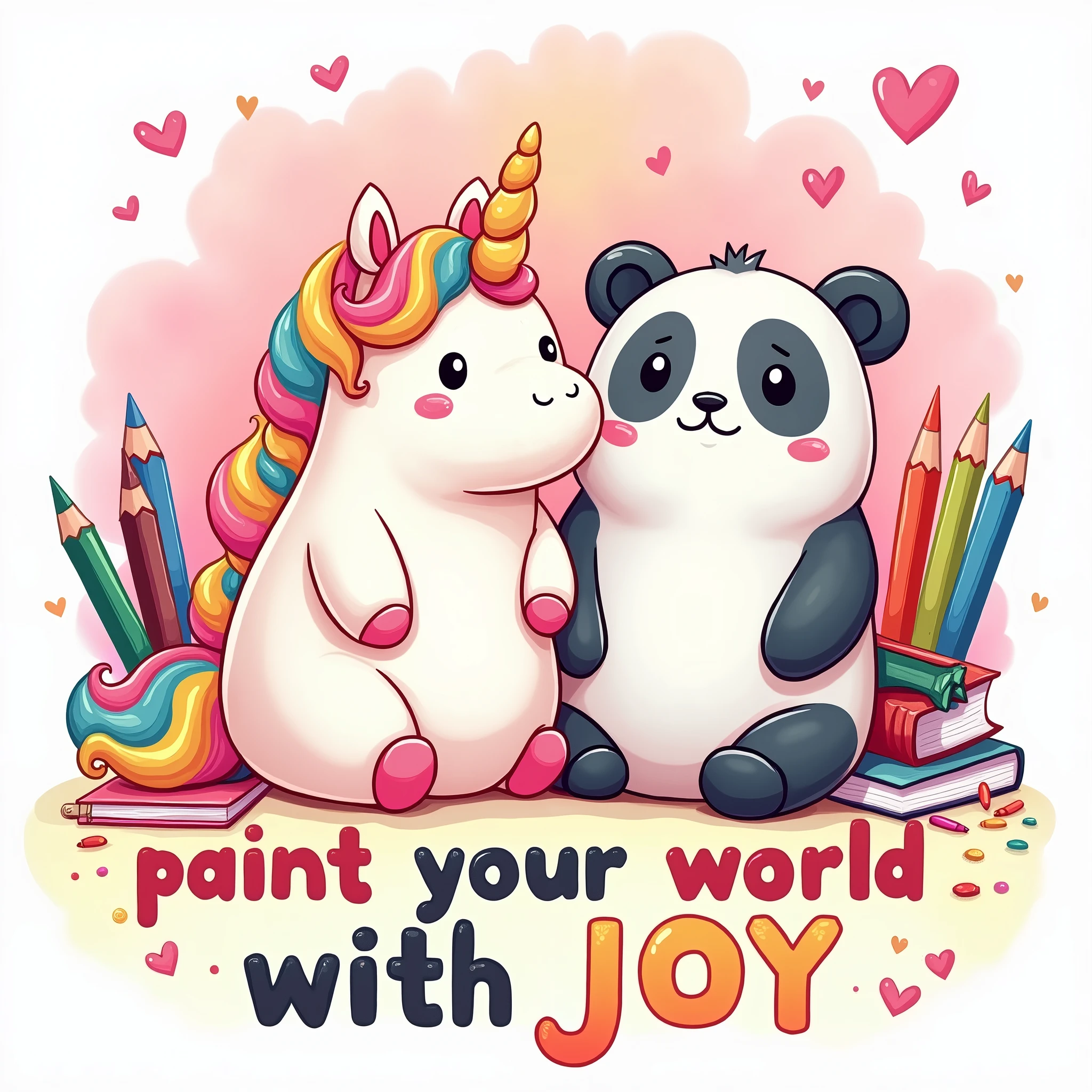 Make a beautiful spectacular illustration in 4k The illustration should feature stationery objects (as colored pencils, pens, notebooks) and two cartoon-style Squishmallows.
The first Squishmallow is a happy unicorn, with vibrant colors and details reminiscent of a teddy bear, with a rounded and cozy shape.
The second Squishmallow is a panda bear, also with a plush appearance and with cute and delicate features.
Both Squishmallows are in different situations/places that suggest a school fun vibe.
Art must have an organic distribution, suitable for shirt printing, avoiding rigid rectangular shapes.
Below this scene, inclua o texto “Paint your world with joy,” styled in a fun and colorful way, with the font color transitioning from pink at the top to yellow at the bottom, imitating a sunset.
The overall art should evoke a sense of school nostalgia and the joy of drawing., reflecting the theme of a high school summer.