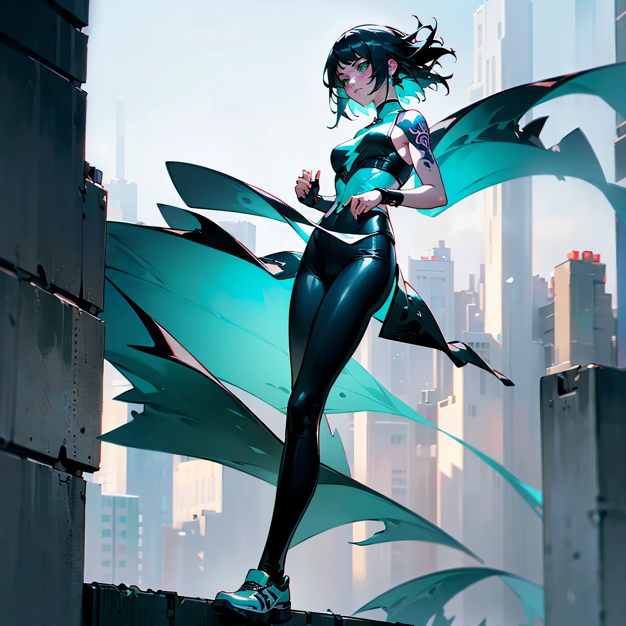 A lone dragon girl with short white hair.her hair flowing in the wind and her hair is shining like starry sky.a serene yet melancholy expression on her beautiful detailed green eyes gazing upwards.wearing a tight black pants, white sleeveless shirt, and practical shoes.full body tattoos.(best quality,4k,8k,highres,masterpiece:1.2),ultra-detailed,(realistic,photorealistic,photo-realistic:1.37).anime style.rain.cyberpunk.lady.she is running the wall of high-rise building