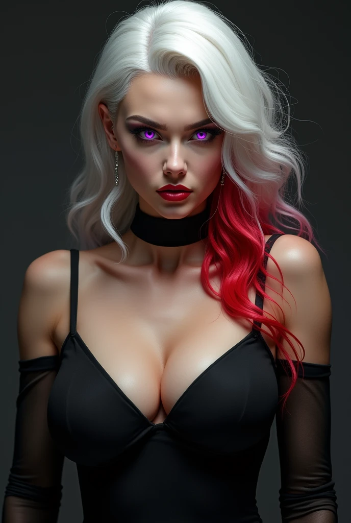 (photorealism:1.2), beautiful woman, white hair with red highlight ends, red hair and purple eyes, big chest, serious look, not cute, slightly masculine with black dress
