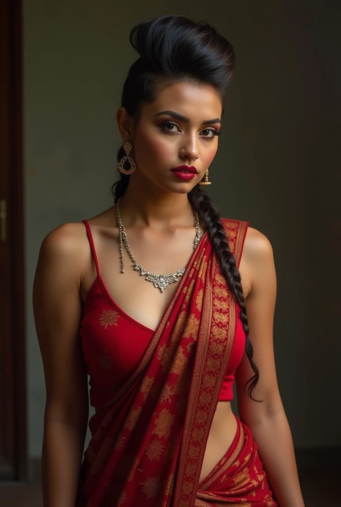 wolf cut hairstyle erotic hindu wife, standing far from canera, full body from head to foot, front facing to camera, wide angle camera 8K, super realistic, huge big breast, super big fake lips red lipstick super delicious body saree bra sexy body