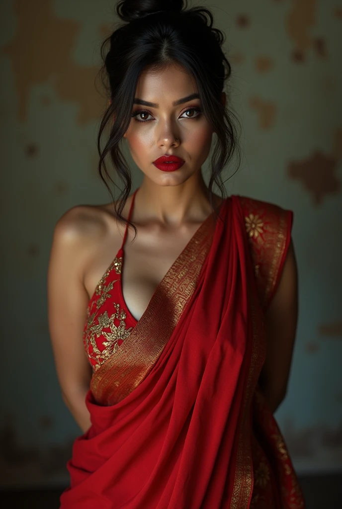 wolf cut hairstyle erotic hindu wife, standing far from canera, full body from head to foot,  front facing to camera, wide angle camera 8K, super realistic, huge big breast, super big fake lips red lipstick super delicious body saree bra sexy body 