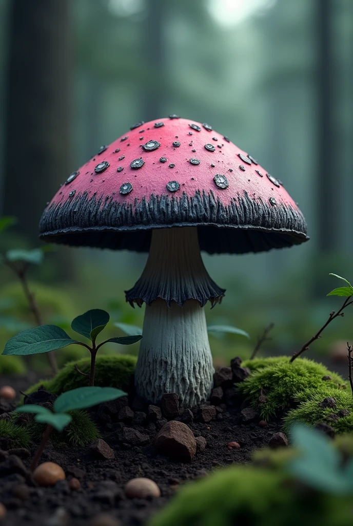 a mushroom is growing on the forest ground. ((desire, fulfillment,pride,cruelty)),((pink,black,pale grey)),((deep wiew)),photographic,ultra high resolution,hyperdetailed, masterpiece, 3d modelling, digital art.