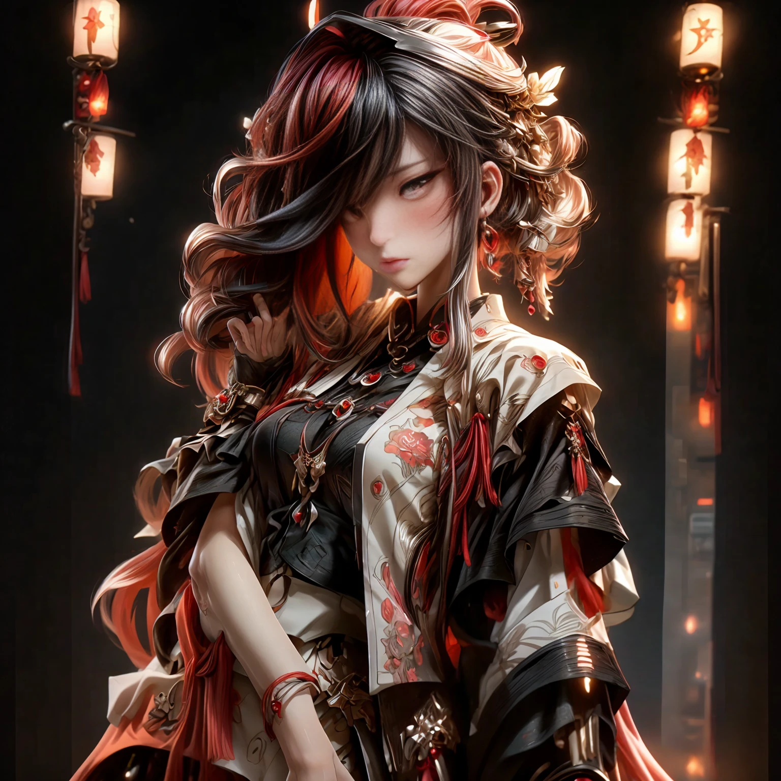 (best quality)), ((Masterpiece)), (details:1.4), 3d, HDR (high dynamic range), an image of a beautiful cyberpunk female, fantasy, medieval, Cyberpunk, Red hair, Sleek style, Curtain Bangs, Beautiful White eyes, จมูกโด่ง, ปากแดง, หน้าอกใหญ่, nvidia RTX, PBR surface, After processing, Anisotropic filtration,depth of field, Maximum clarity and clarity, multi-layered surface, Subsurface scattering, perfect proportions, 8K raw files, ultra detailed, Perfect proportions, volumetric lighting, soft lighting, Holy Paldin, Heavy Golden Armor, black dress, intricate Silver embroidery, glossy skin, Bed room Background, jewely, ต่างหู, นิ้วมือสมบูณ์, mini black skirt, 2 arms