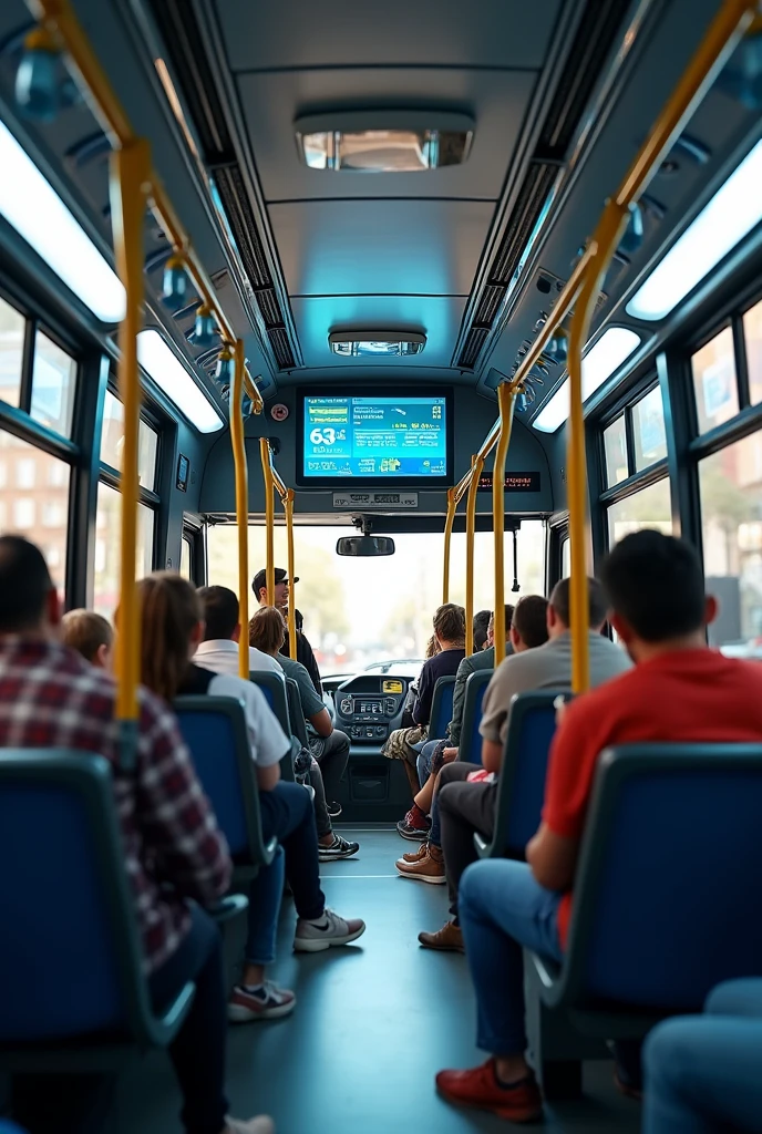 Inside a bus based on a bus from Brazil, with LED screen showing the bus number and next stops , with several speakers playing the songs