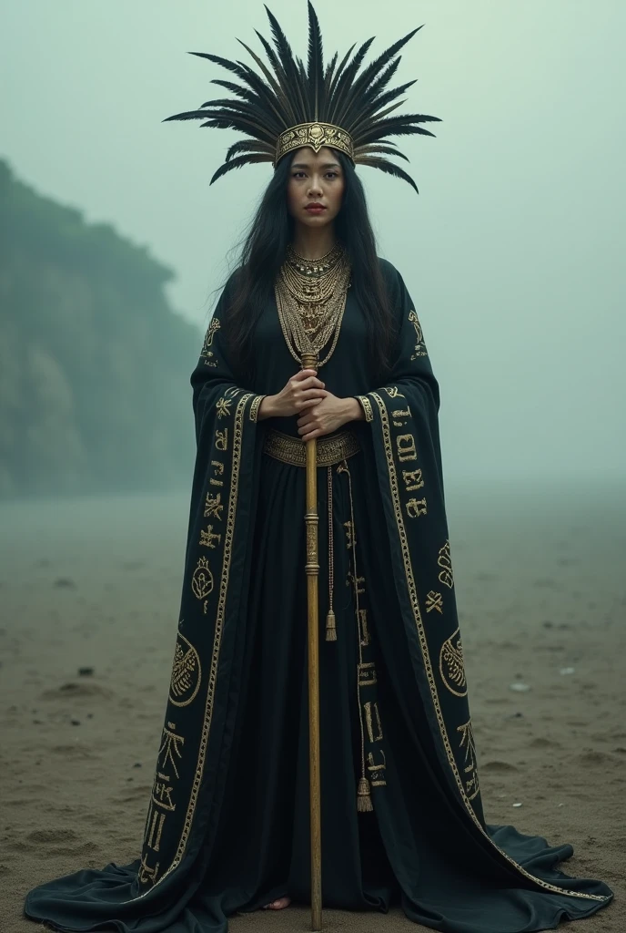 The scene is atmospheric and open, ancient sacrificial pictures, smoky and full of smoke, 1 female human with head cover bird feather, black robe with gold tribal pattern, many large gold necklace, black inner clothes, holding a golden rod, (detailed costume details, detailed clothing light sense), faintly appearing, detailed bird feather details, somber and mystical feeling, the background is cloudy, realistic photos, 8k, elegant pose facing camera