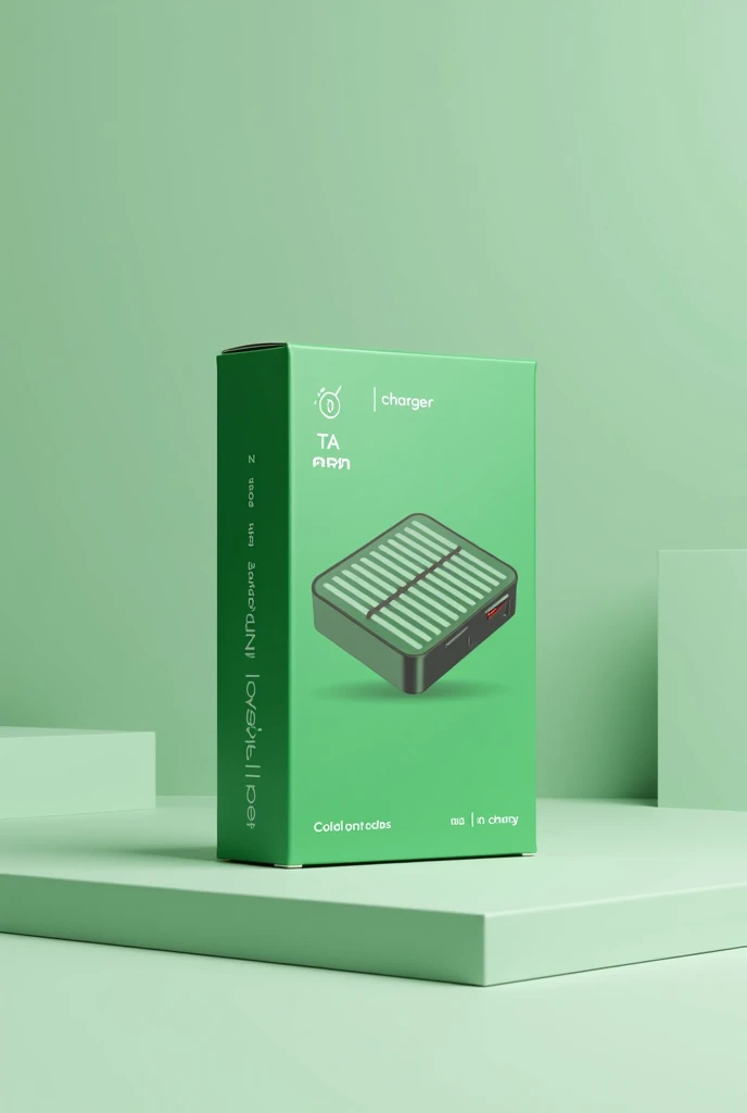 Create an image of a Green Charger product box, an innovative portable solar charger that combines energy efficiency with sustainability, offering a practical solution for charging electronic devices anywhere.