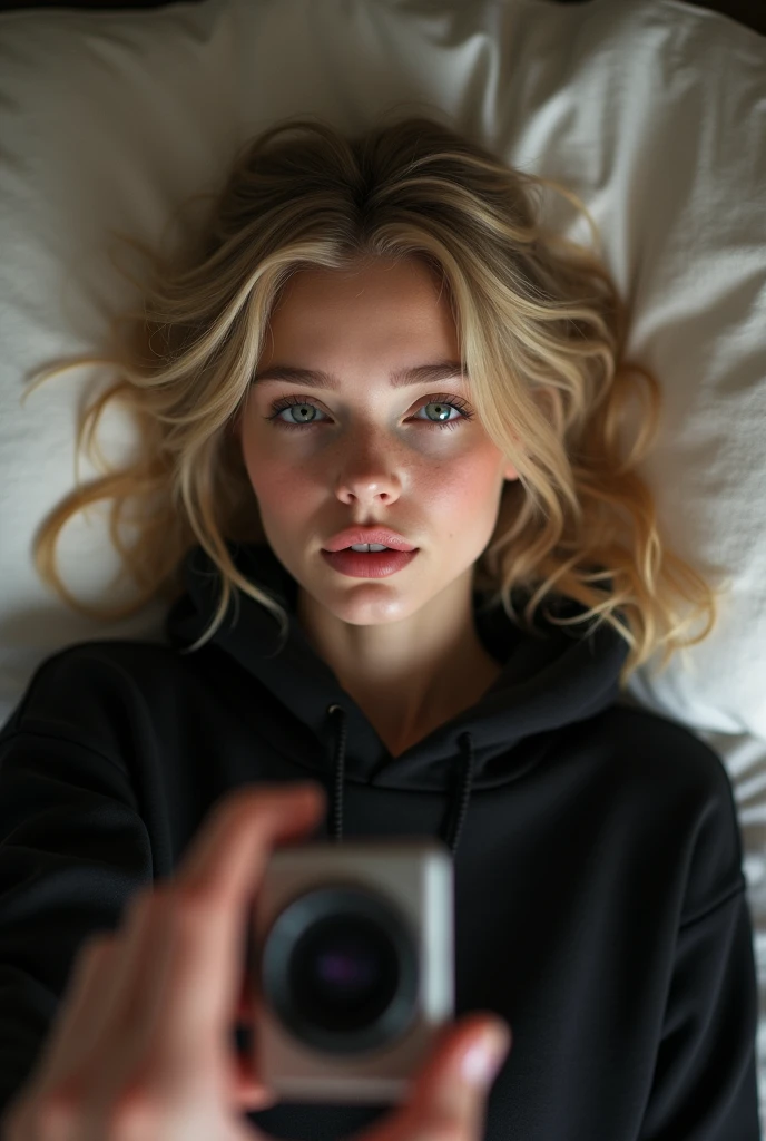 create ultrarealistic, hyperdetailed, anatomically correct 20 year old girl (blonde, cute, innocent, flat-chested, petite) upper body selfie from hand (front camera) in bed, wearing black hoodie