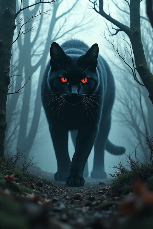 ((Highest quality)), ((masterpiece)), (detailed), In a forest full of dead trees,Giant black cat,Length: 10m,Staring at me, it slowly approaches,Red glowing eyes,Low - Angle,mysterious,Mimicry