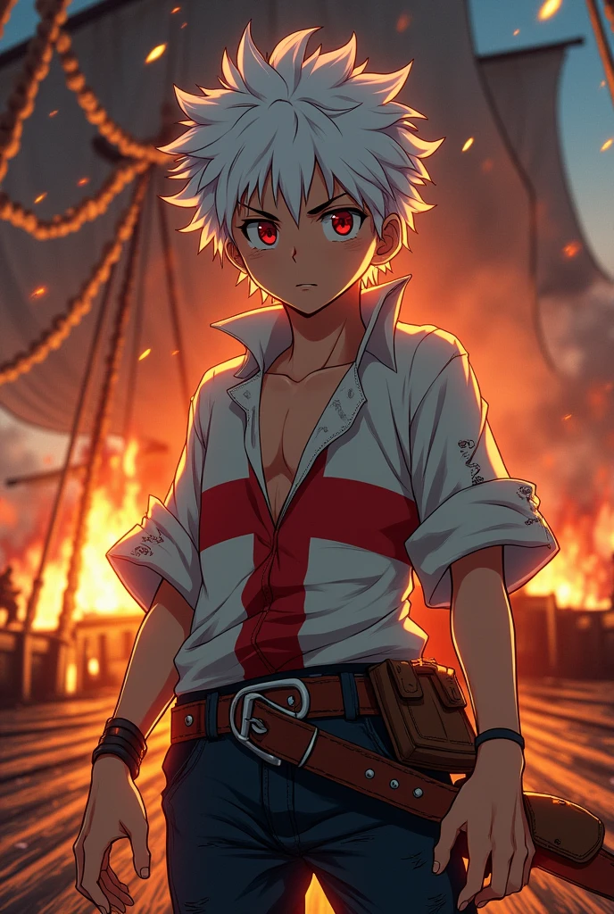 Middle-aged boy, pirate, with white hair, Red eyes, una cruz roja en la camisa y un barco pirate en llamas de fondo. All anime style