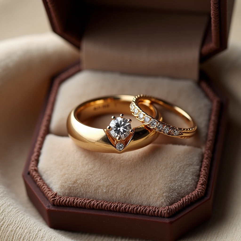 pair of wedding rings and engagement ring in gold color in a velvet box the men&#39;s ring is simple, only smooth and matching the women&#39;s ring in a soft braided pattern the women&#39;s ring has a brilliant minimalist diamond stone reminiscent of a flower with petals and around it a braided finish with small diamonds Inside the rings is written the word "AKAI TO"