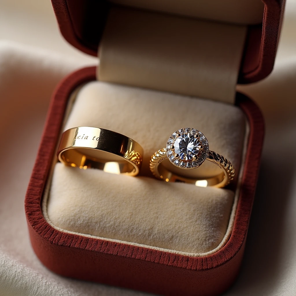 pair of wedding rings and engagement ring in gold color in a velvet box the men's ring is simple, only smooth and matching the women's ring in a soft braided pattern the women's ring has a brilliant minimalist diamond stone reminiscent of a flower with petals and around it a braided finish with small diamonds Inside the rings is written the word "AKAI TO"
