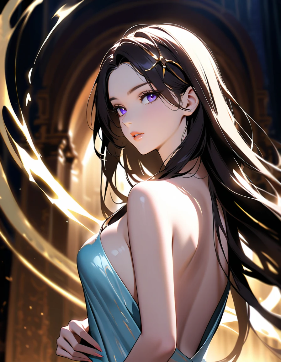 A close-up shot of the enigmatic woman's face, her icy gaze piercing through the lens as she exudes a mesmerizing aura. Soft, golden lighting illuminates her porcelain skin, highlighting the subtle curves of her lips and the arch of her eyebrows. Her dark hair cascades down her back like a waterfall, framing her features with an air of mystery. She poses confidently, one hand resting on her hip as she seems to be beckoning the viewer's attention. The background is blurred, allowing the audience to focus solely on her captivating presence, which draws in men with a masochistic inclination, rendering them helpless against her seductive charm.