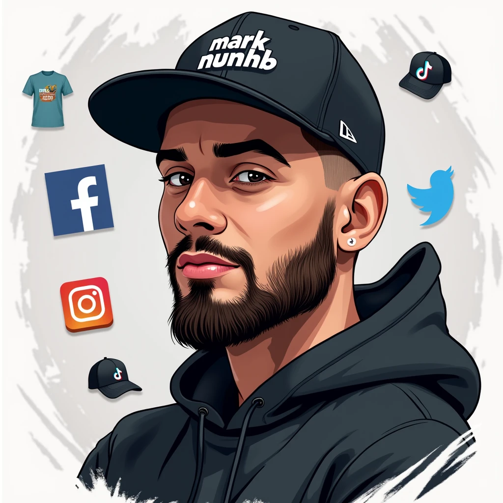 Create a social media profile photo for A young man with a beard and black basketball hat with the logo "Mark Numhb " with Facebook icon,Twitter icon ,Instagram icon ,twitter icon and tiktok icon where the person completes the design and puts them Vectors, Vector T-shirts, Vector Cups, Vector sticker,Vector Caps and Vector Hoodies Sell online