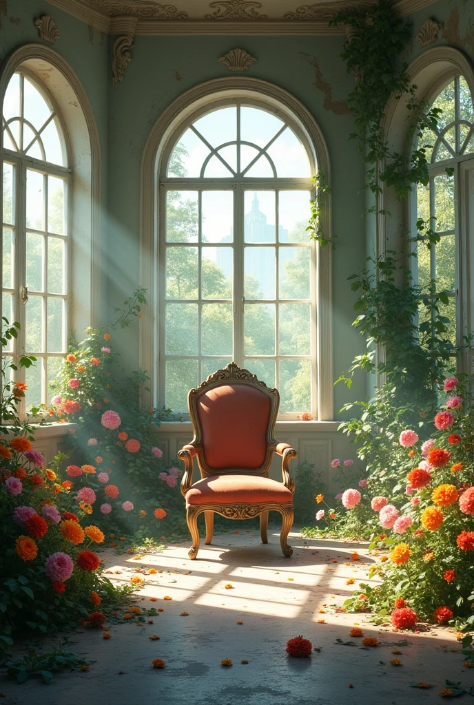 Inside the abandoned room、Western、A gorgeous chair in the middle that isn't broken、windowが多い、wallが壊れている、(window、wall、door、The floor is collapsing:2.0)、White Room、peace、The morning sun is shining and it's bright、(床やwallに満開の色とりどりで鮮やかな美しい花々is blooming:1.8)、There is no one、front、high resolution、16:9