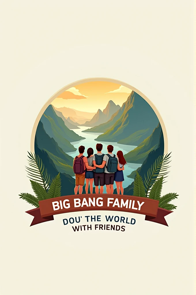 Create a realistic logo named "Big Bang Family" With the tagline "Roam World With Friends"