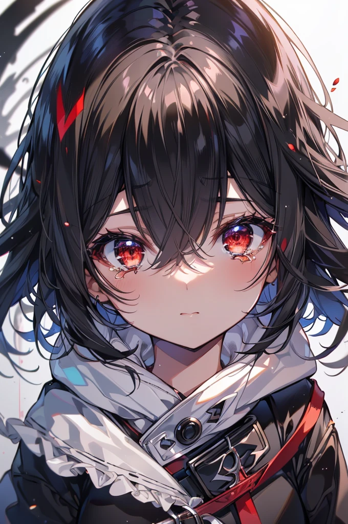 (masterpiece, highest quality, highest quality, (No text), Beautiful and aesthetic:1.2),No text,アニメ、BREAK,One Girl,Black Hair Girl adult short hair older sister Beautiful eyes Red eyes cool tears Black and Red skirt Black jacket White clothing whole body
