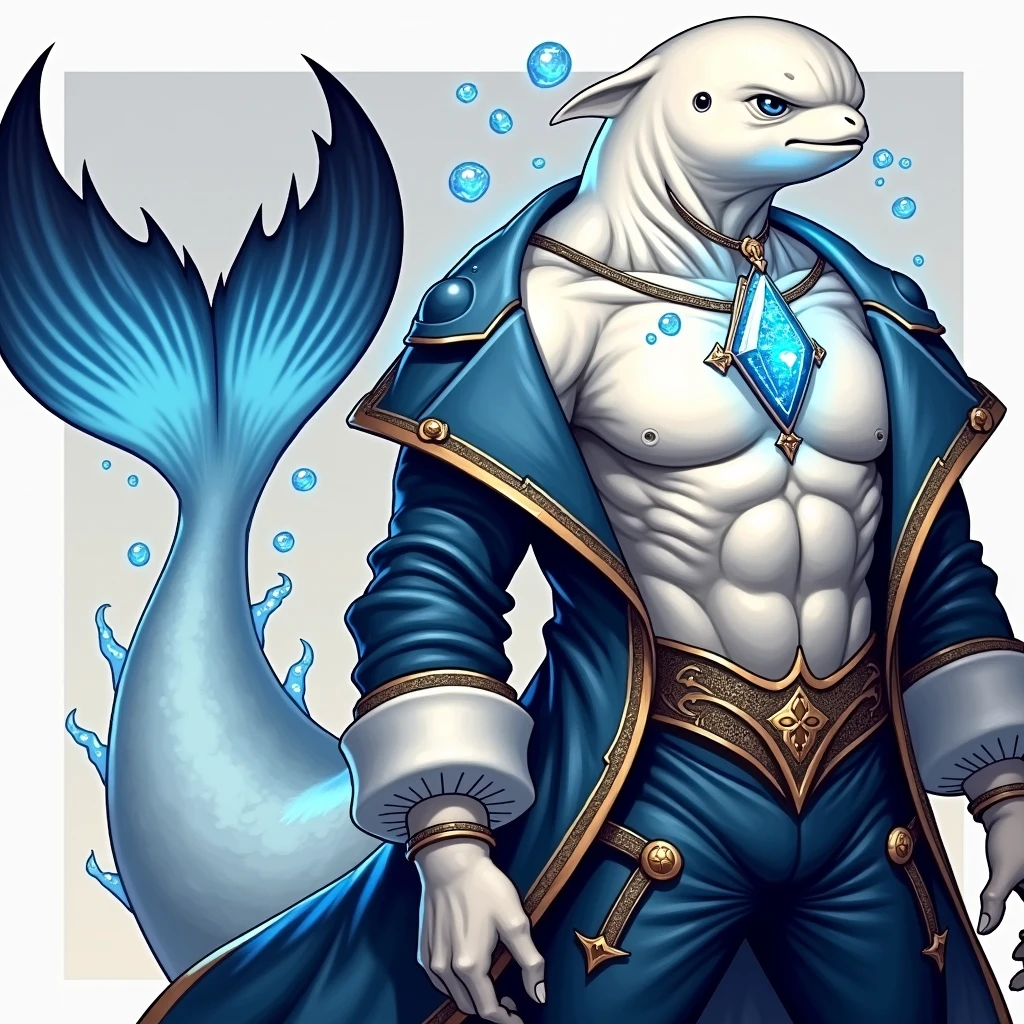 A unique being with a beluga whale's head and a tall, muscular human body. His skin is smooth and white like a beluga's. He wears a blue Victorian-era coat with gold details, and a glowing blue jewel on his chest shines like stars in the ocean's depths. His eyes, filled with blue magic, glow like the night sky. A large beluga tail extends from his lower back, and powerful water magic swirls around him, enhancing his mystical presence.