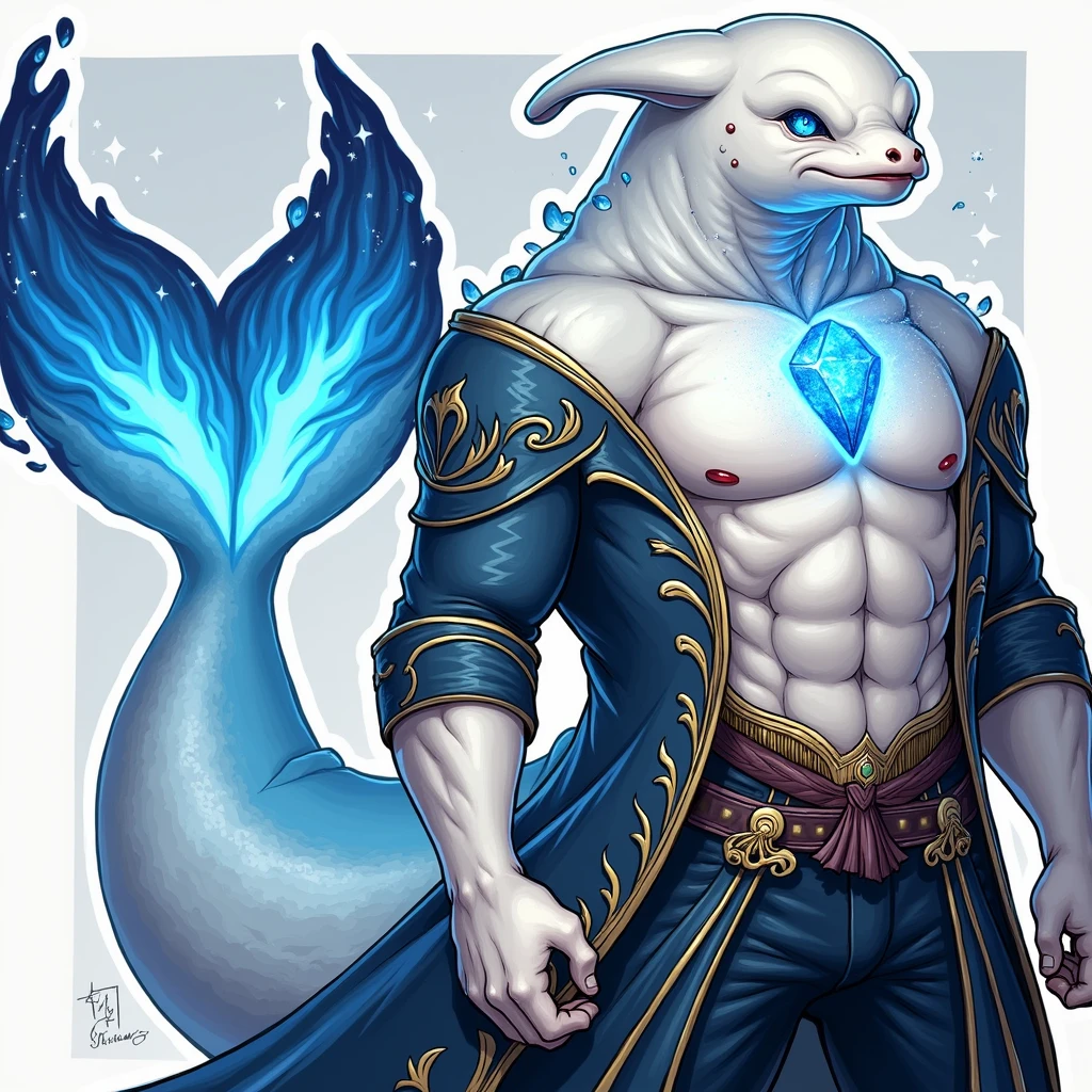 A unique being with a beluga whale's head and a tall, muscular human body. His skin is smooth and white like a beluga's. He wears a blue Victorian-era coat with gold details, and a glowing blue jewel on his chest shines like stars in the ocean's depths. His eyes, filled with blue magic, glow like the night sky. A large beluga tail extends from his lower back, and powerful water magic swirls around him, enhancing his mystical presence.