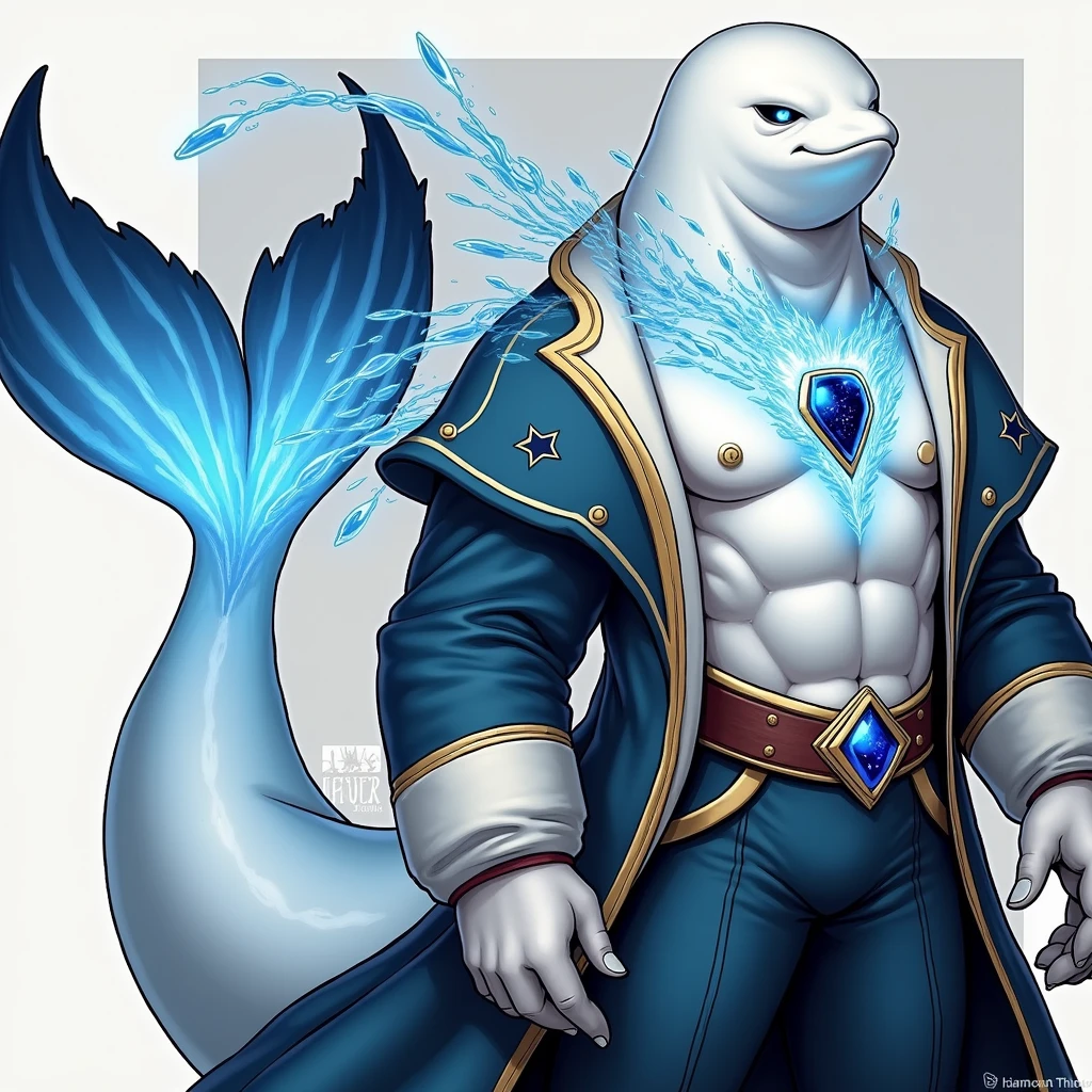 A unique being with a beluga whale's head and a tall, muscular human body. His skin is smooth and white like a beluga's. He wears a blue Victorian-era coat with gold details, and a glowing blue jewel on his chest shines like stars in the ocean's depths. His eyes, filled with blue magic, glow like the night sky. A large beluga tail extends from his lower back, and powerful water magic swirls around him, enhancing his mystical presence.