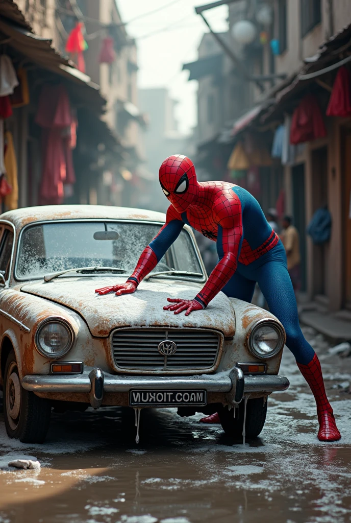 Spiderman washing a old car with cloth and foam in a Indian slum street