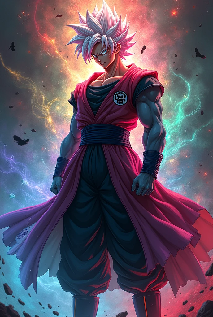 Goku black with all colours auras , and with his simple smile , hair colour white and red