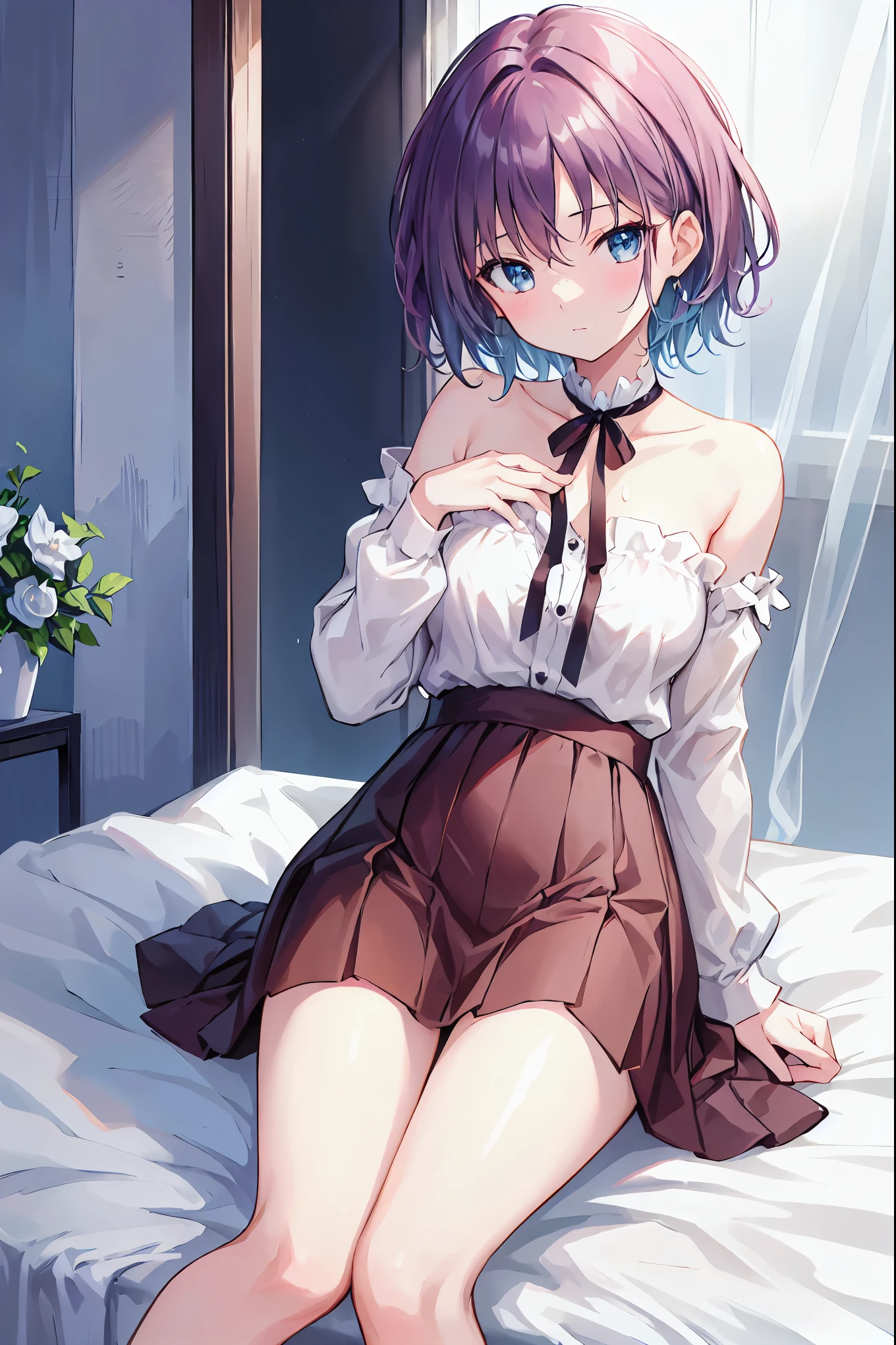 (Tabletop)(High resolution)One couple in their 20s, woman1名、Unisex Light Clothing、woman向けロマンス、Sparkling atmosphere、Glossy appearance、Happily、Beautiful poop、Devour each other according to your desires、interview、sweating、maleがwomanの胸や体を触る、womanがmaleにキスをする、make out、woman(Brown medium long hair、Slightly large chest、negligee、close ~ eye)、Sweet Sigh、male(Black short hair、Half-taken off shirt、Show off your legs、強くclose ~ eye)、background(room、bed、Turn off the light、I closed the curtains..)、The night deepens、dim