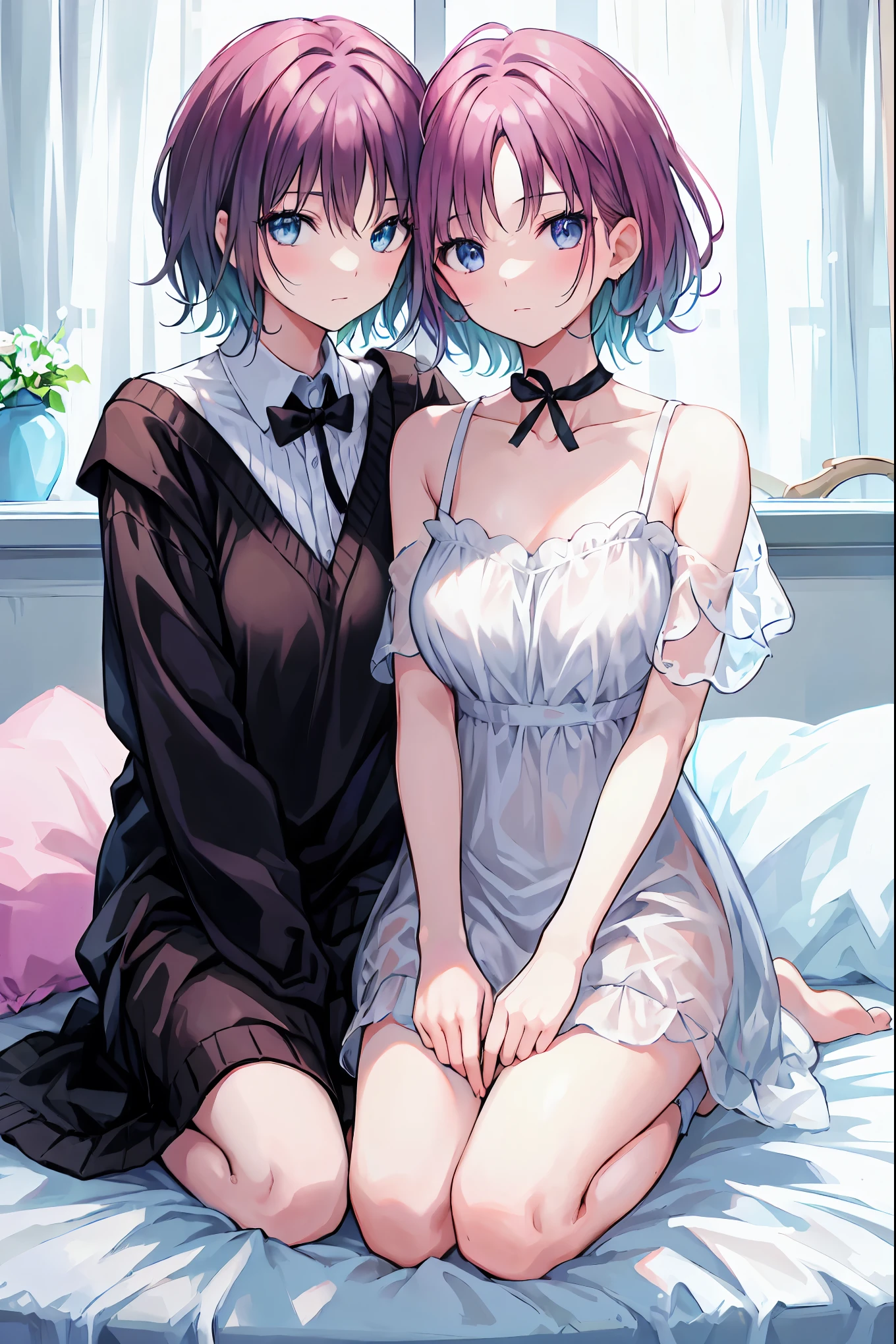 （Two  girls sitting together），（A cute littlewith pink hair），（Another cute little blue-haired girl），（Gemstone embellished white dress），wavey hair，long whitr hair，（Flower headdress），Heart-shaped earrings，（Eyes that sparkle like gemstones），naïve，（inside in room），short- sleeved，（Young），（White and tender skin），（slender figures），（White stockings），Cute cute cute cute cute cute cute cute cute cute cute cut，Moe Moe，adolable ，Endearing,Immature ，Cute cute cute cute cute cute，bit girl，（small），CG，（short），（Tsundere），Cute cute，Cute cute cute cute cute cute，Moe Moe，bit girl，bit girl，bit girl，bit girl，（Two little girls little girls），（two，（two guys），（Double），（twincest）