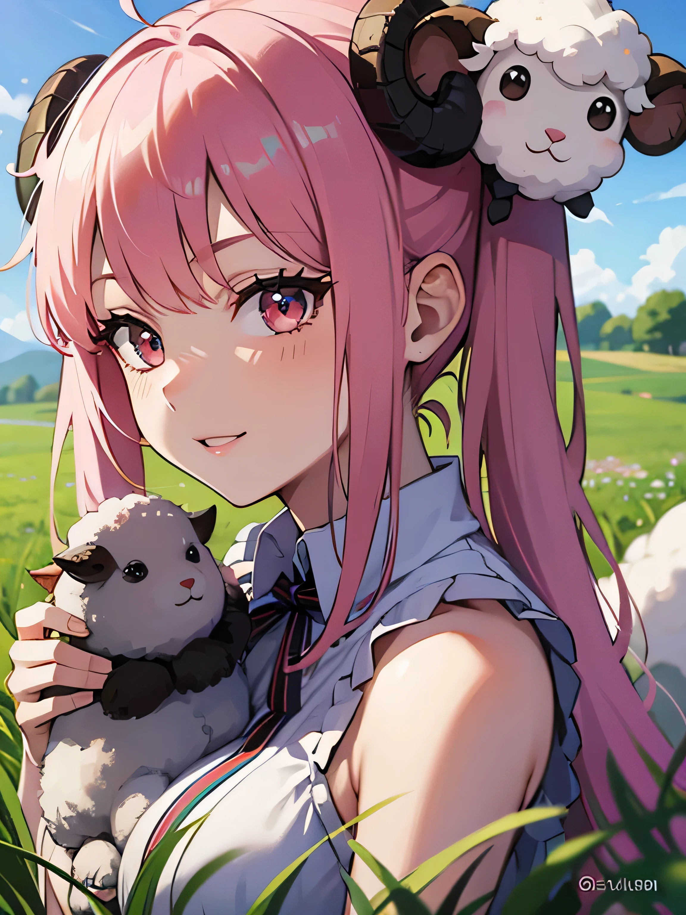 (beautiful girl: 1.3),1girl,masterpiece, Highest quality, Ultra-high resolution,rich contrast,super high quality,8k,Highly detailed CG unit wallpaper,texture,Incredibly absurd,Ultra-high resolution,RAW Photos,Depth of Field 1.2,Pink Hair, (low twintails),(White one piece dress:1.3),Ultra-detailed eyes,Red Eyes,Glowing Skin,(((She is stroking a cute fluffy sheep in the meadow))),Light,overlooking,(magnificent panorama view:1.3),happy,smile,wind over the meadow,#thick eyebrows