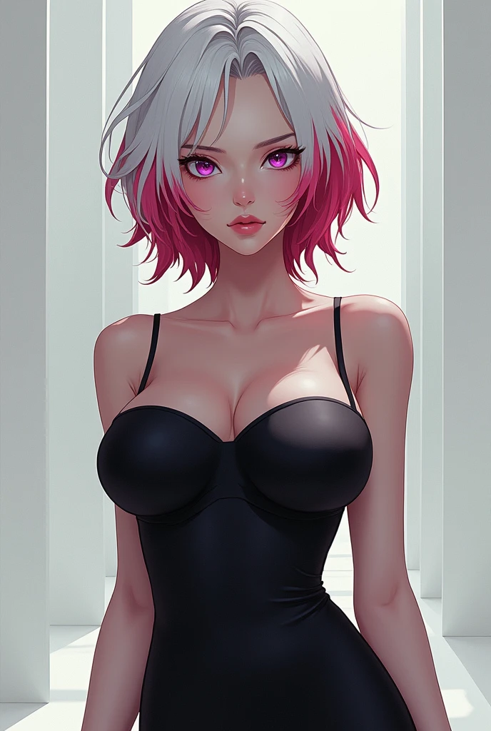 (photorealism:1.2), beautiful woman, white hair with red highlight ends, red hair and purple eyes, big chest, serious look, not cute, slightly masculine with black dress, anime girl
