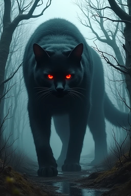 ((Highest quality)), ((masterpiece)), (detailed), In a forest full of dead trees,Giant black cat,Length: 10m,Staring at me, it slowly approaches,Red glowing eyes,Low - Angle,mysterious,Mimicry,Pitch black