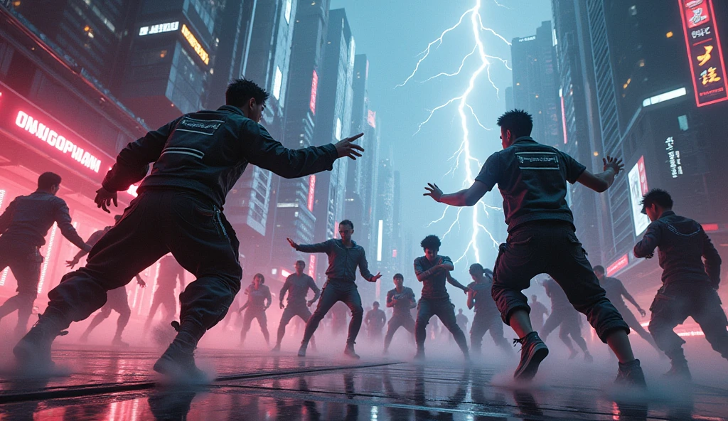 (Ultra detailed), cyberpunk, lightning, particles, robots, shot from above, a male dance group fighting enemy characters.