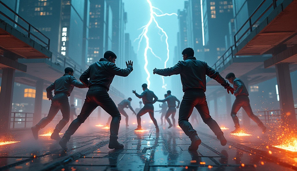 (Ultra detailed), cyberpunk, lightning, particles, robots, shot from above, a male dance group fighting enemy characters.