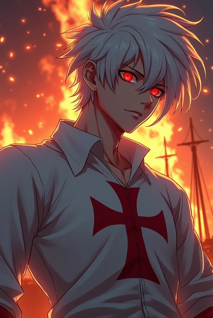 Adult boy, pirate, with white hair, Red eyes, una cruz roja en la camisa y un barco pirate en llamas de fondo. All anime style