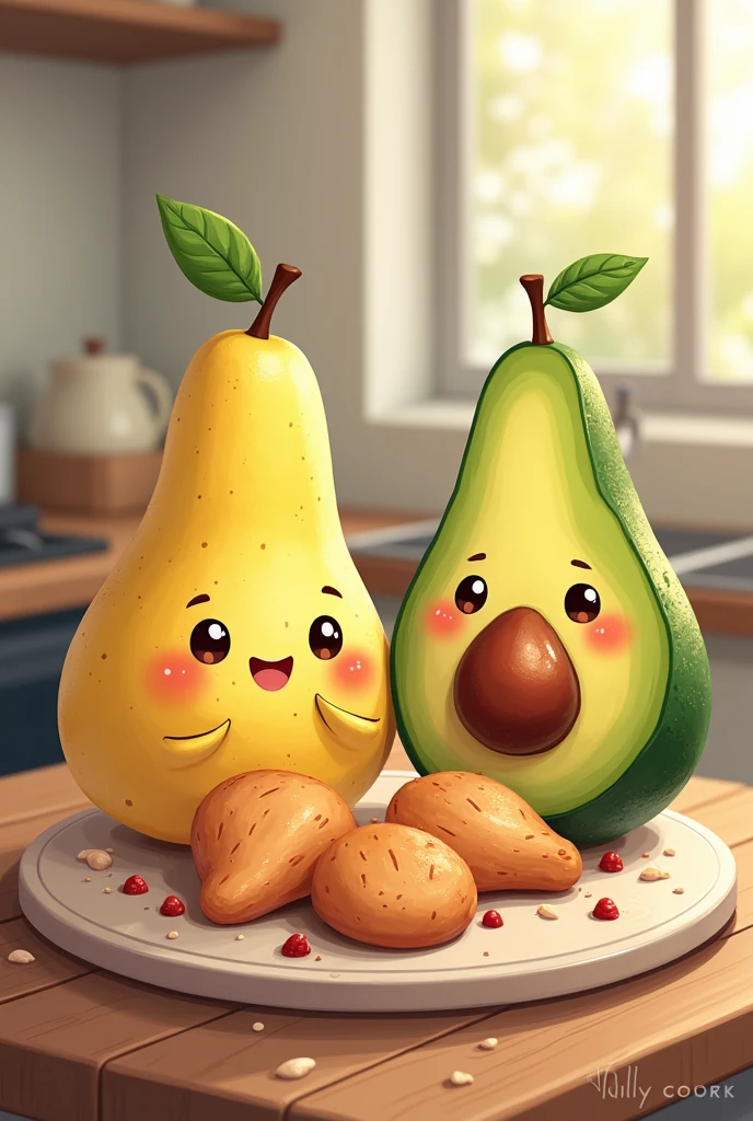 Cute pear and avocado eating cooked chicken pieces