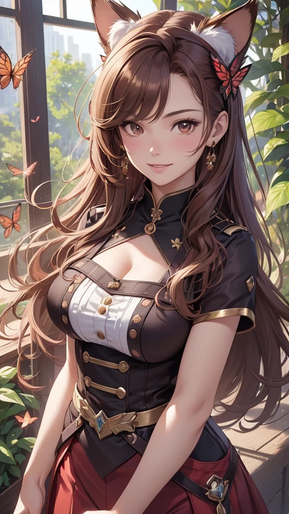 (best quality,4k,8k,highres,masterpiece:1.2),ultra-detailed,(realistic,photorealistic,photo-realistic:1.37),acrylic painting,beautiful Brazilian model in a uniform outfit with downy hair,beautiful Brazilian model with extremely colorful brown hair and detailed facial features,beautiful Brazilian model standing in a beautiful garden sakura flowers, long hair,cat ears, hair bows, uniform red outfits, smile, happy face,light brown hair,butterflies, brown eyes, mature woman, older woman, 30 year old, adult woman. Older lady, posing,Solo