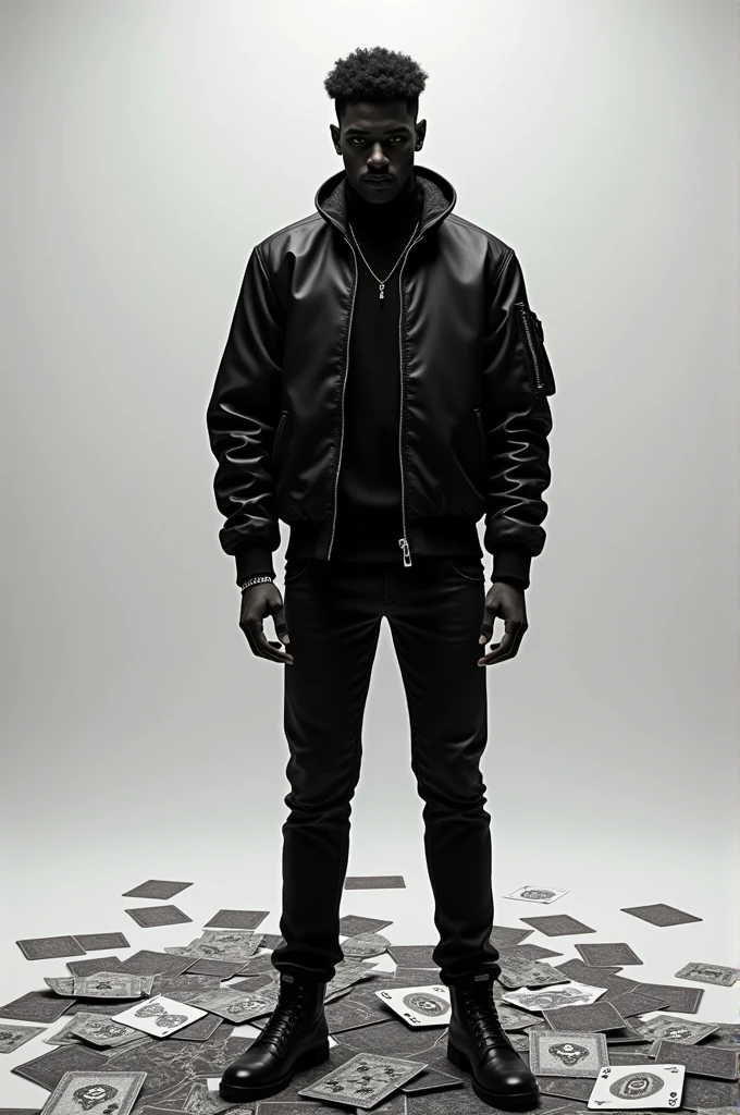 a man standing next to a pile of playing cards, inspired by Dean Roger, tumblr, graffiti, imvu, outfit photo, wearing a bomber jacket, black and whitehighly detailed