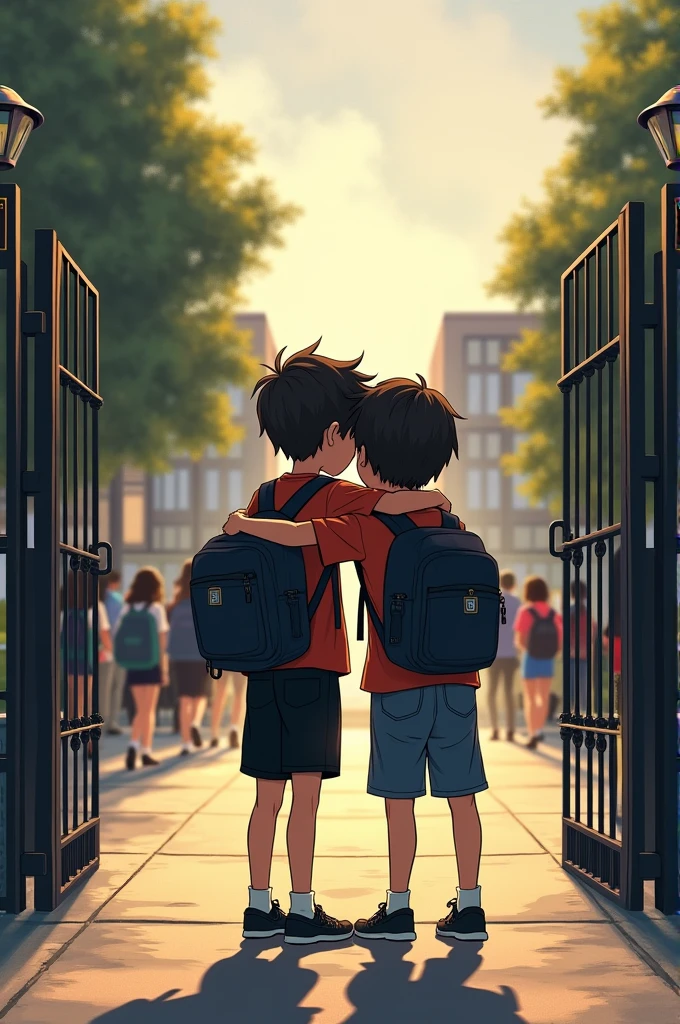 Two boys stand at the school gates on their last day . They share a tight, emotional hug, with a mix of excitement and sadness in their expressions, signifying a deep, lasting friendship. Other side 