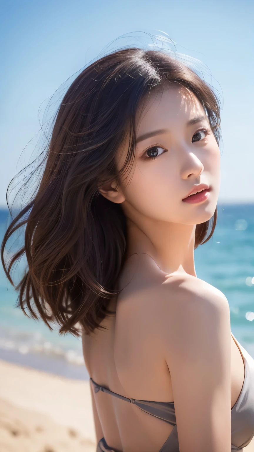 nsfw, nude, nipples, pussy, vaginal, (8K, original photo, highest quality, masterpiece: 1.45), (actual, lively: 1.37),1 beautiful girl、 (reality: 1.4), Japanese、asian beauty、super beautiful、beautiful skin、thin、(full body)、(超reality的な)、(High resolution)、(8K)、(very detailed)、(Super detailed)、big eyes、brown eyes、long eyelashes、detailed face、gloss lip,bright lighting、professional lighting、looking at the camera、serious expression、look straight ahead、long hair、brown hair、sea landscape、Nogizaka Idol、actress、20-year-old、big breasts、big breasts、wet skin、baby face、Moisturized and realistic skin texture、moist lips、natural shadows、(arms up),nsfw,