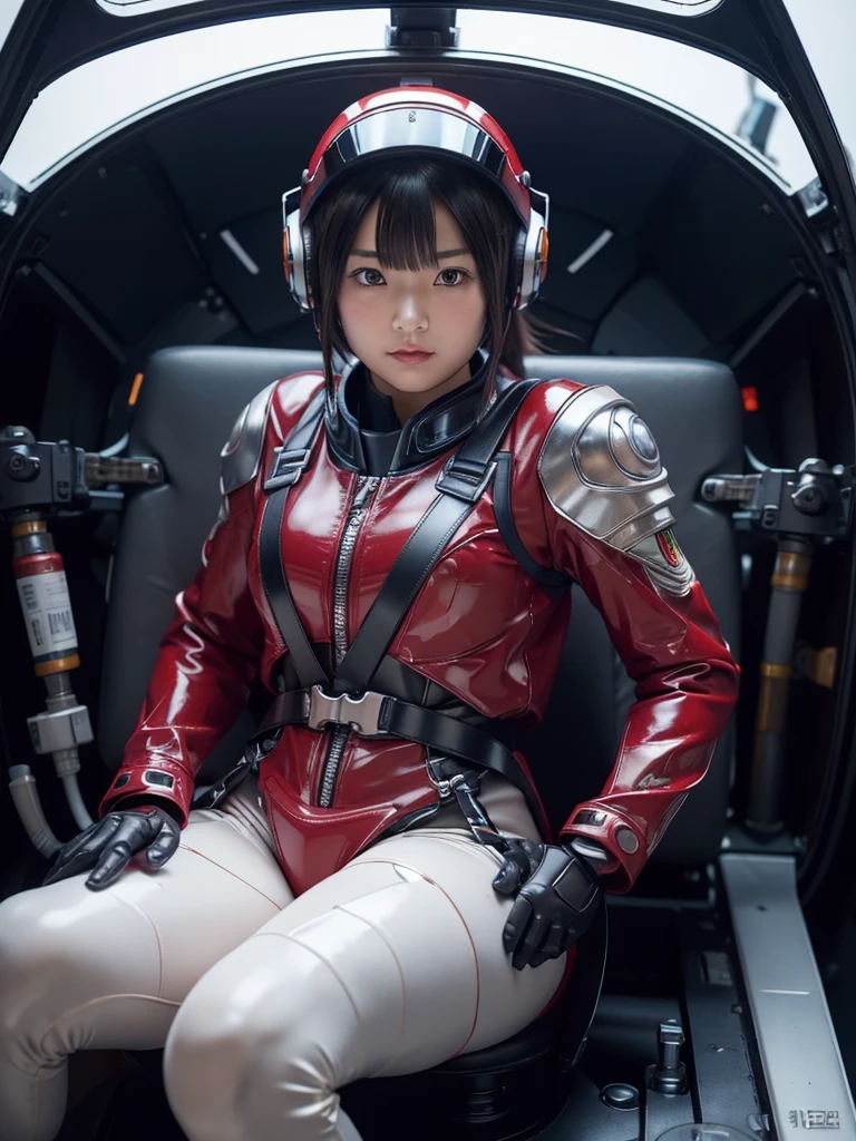 masterpiece, Highest quality, Very detailed, Japanese Android girl, Beautiful Japanese Women, Plump,Slightly thicker,Control panel,Android,cyborg,Blunt bangs,Sit in the cockpit and fly,The control stick is located in the center of the seat.。.,Red pilot suit,Secured to the seat with a harness,Full Face Helmets,Squat,
