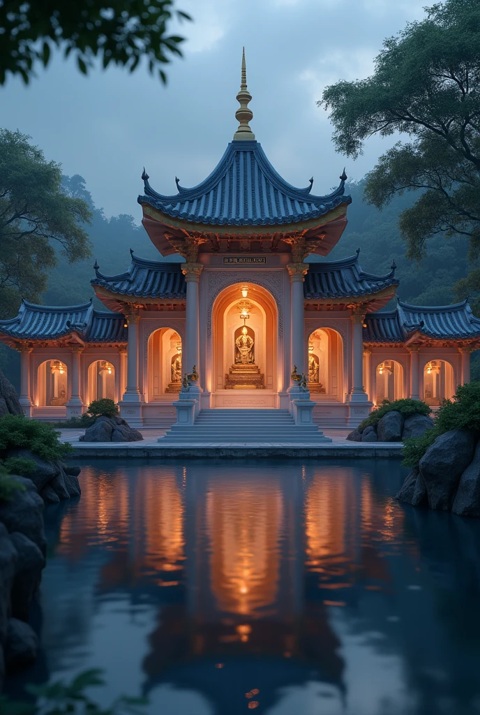 Evening Scene**: A peaceful evening setting with the temple illuminated softly, reflecting a sense of calm and fulfillment.