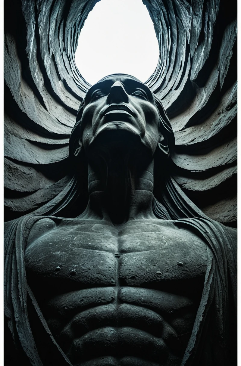 suspended in the face of a giant, in the style of haunting imagery, monumental figures --s 750 --v 6.0