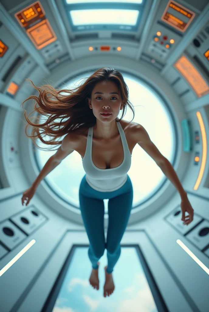 (8k, RAW photo, best quality, masterpiece), (photorealistic), outstanding details, ultra-high resolution, anatomically correct, textured skin, (Extremely precise and accurate anatomy),
Ultra Detailed Face, Detailed Eyes,
(whole body), (full body), (Wide-angle lens effect:1.2), Diagonally from the side,
a beautiful female space pilot, (Cute Japanese girl , 20-year-old), (light smile:1.2), (Mouth slightly open) ,
(white tank top), (blue leggings), barefoot, Side braids, Brown Hair, cinematic lighting in the hair, hair light, wind in the hair, large breasts,
the girl is floating around in zero gravity in a cabin of a futuristic spaceship,
no gravity, weightless, flying around, Free to move up and down,
(A spacious white cylindrical cabin), a minimalist cabin, white walls, subdued light in the spaceship, lots of displayers and instruments are the main source for the light in the scene, displayers in orange and blue light,
(through a window in the spaceship we can see the black hole from the movie Interstellar), or a spiral galaxy,
(backlighting),
(reflection light from below:1.4),
atmospheric perspective, depth of field,
(dramatic lighting), cinematic lighting,