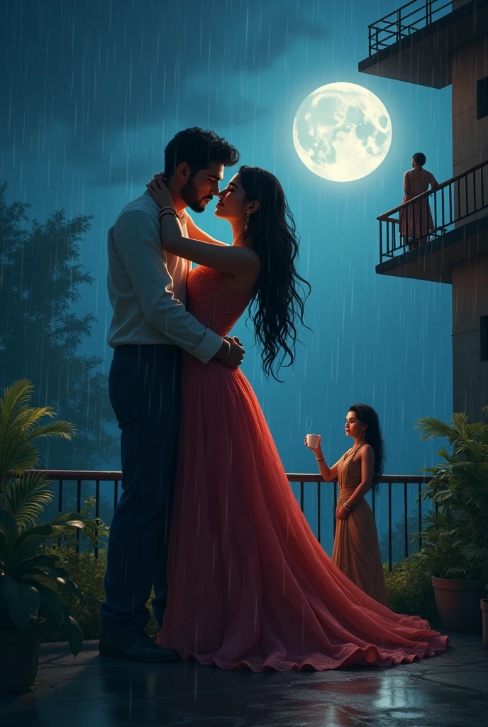 The totan mousi kissing chotta beam in moon in dark night with shinny sky in rainy day another guy watching this scene and felling gelious in his balcony drinking with coffee and in same picture some another guy watching this scene and feel gelious in boy should wear bikini no only the boy which is watching the scene he should wear indian style lehenga in south india