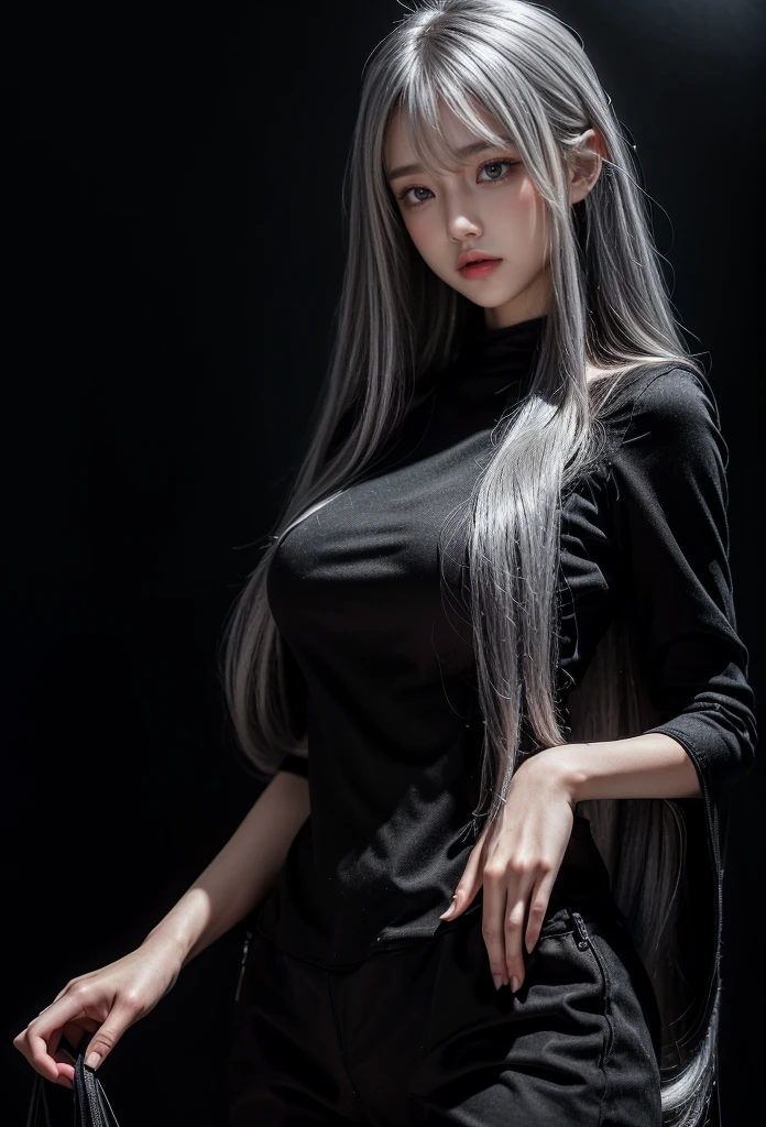 standing,Military Uniforms,pants,black military uniform,whole body,Height: 168cm,almond shape eyes,{{{{{silver eyes}}}}},{{{{{dull bangs}}}}},(slanted eyes},{{whole body},{{{1 girl}}}, long hair, straight hair,{{{{silver hair}}}},{{{tsurime}}},30 years old,{Medium chest},{{bush}},silver eyes,{{{masterpiece}}}, {{{highest quality}}}, {{Super detailed}}, {shape}, {{very delicate and beautiful}},very detailed,detailed perfect,detailed hyper,Abundant thighs,big ass,black clothes